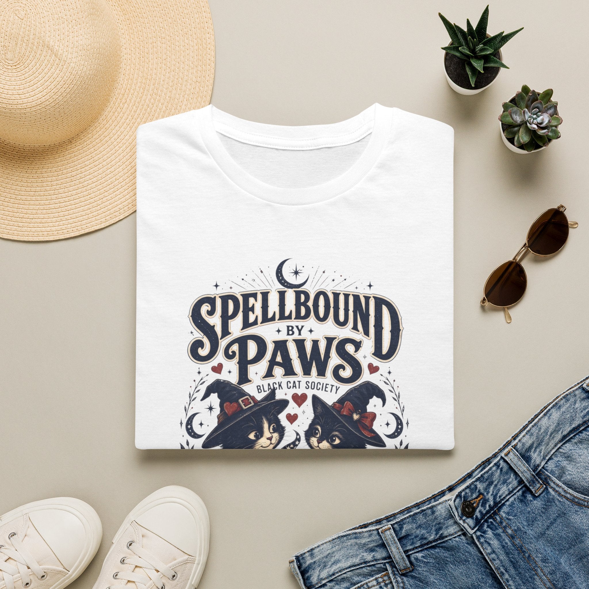 White t-shirt styled flat with a candle — two black cats in witch hats