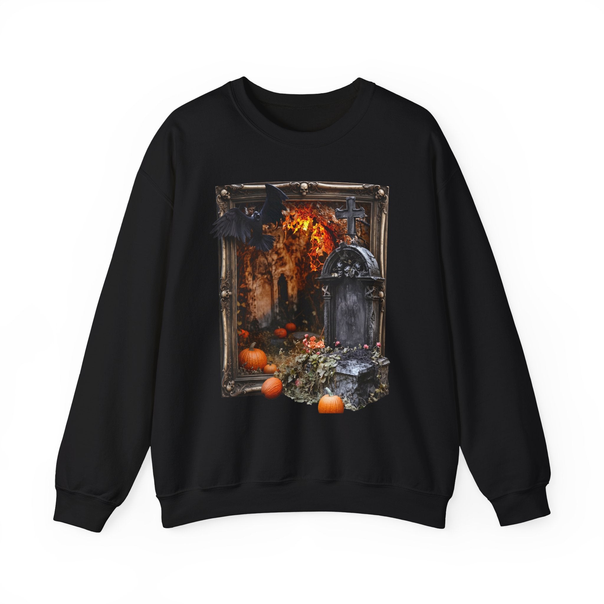 Black crewneck sweatshirt laid flat, printed with a framed painterly scene of a stone tomb