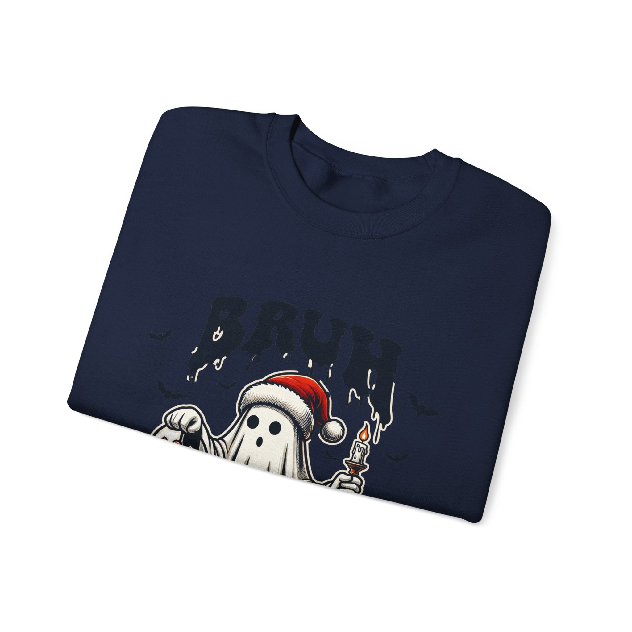Navy crewneck sweatshirt folded to show the bats above print