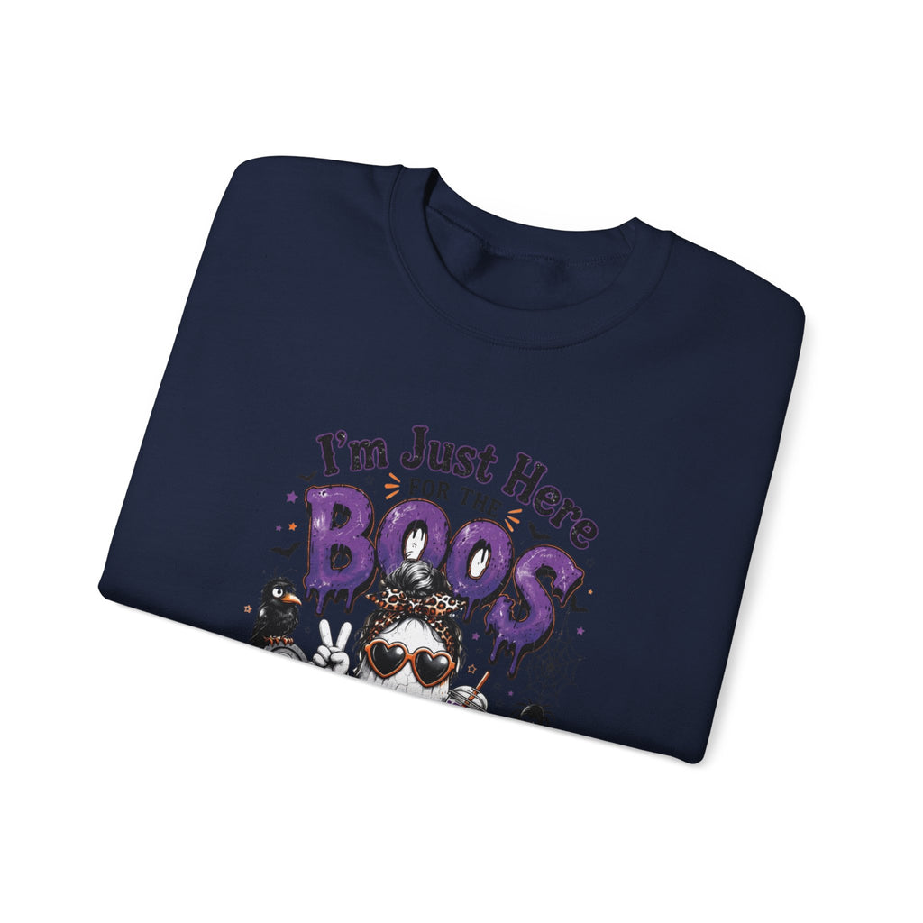 Navy crewneck sweatshirt folded to show the three cartoon ghosts in sunglasses print