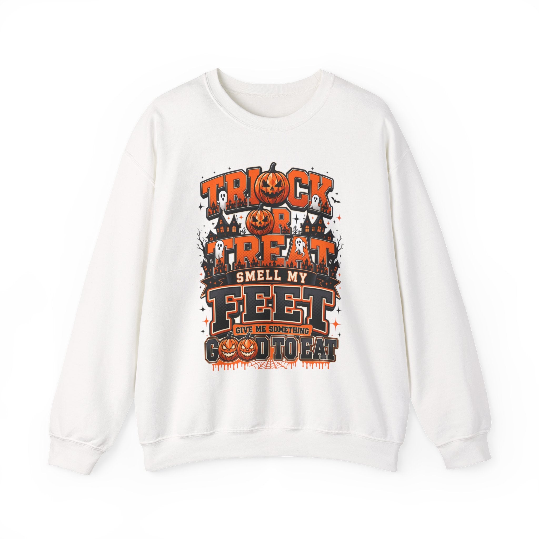 White crewneck sweatshirt laid flat, printed with a stacked orange and black lettering spells out the classic
