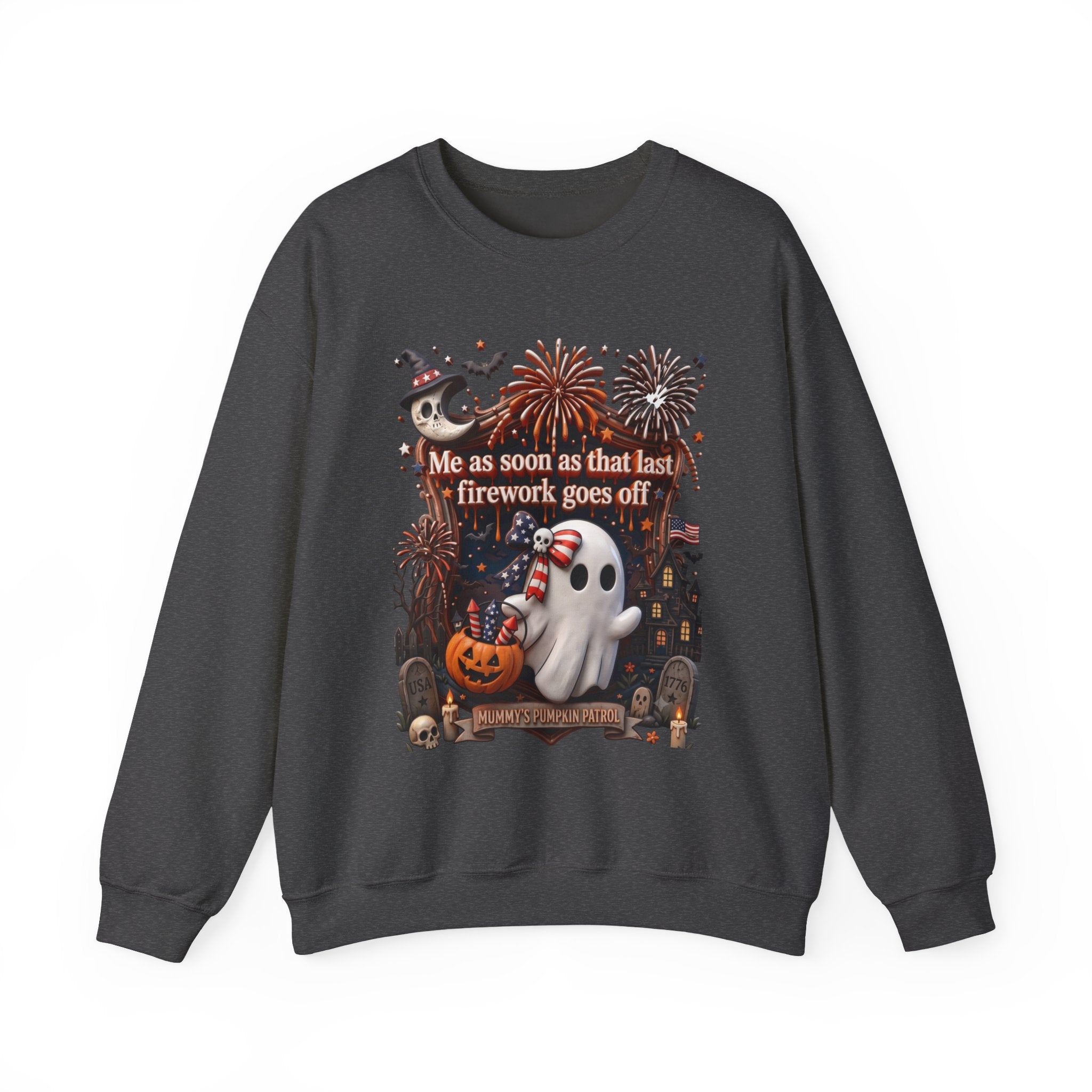 Dark Heather crewneck sweatshirt laid flat, printed with a wide-eyed ghost clutches a striped firework