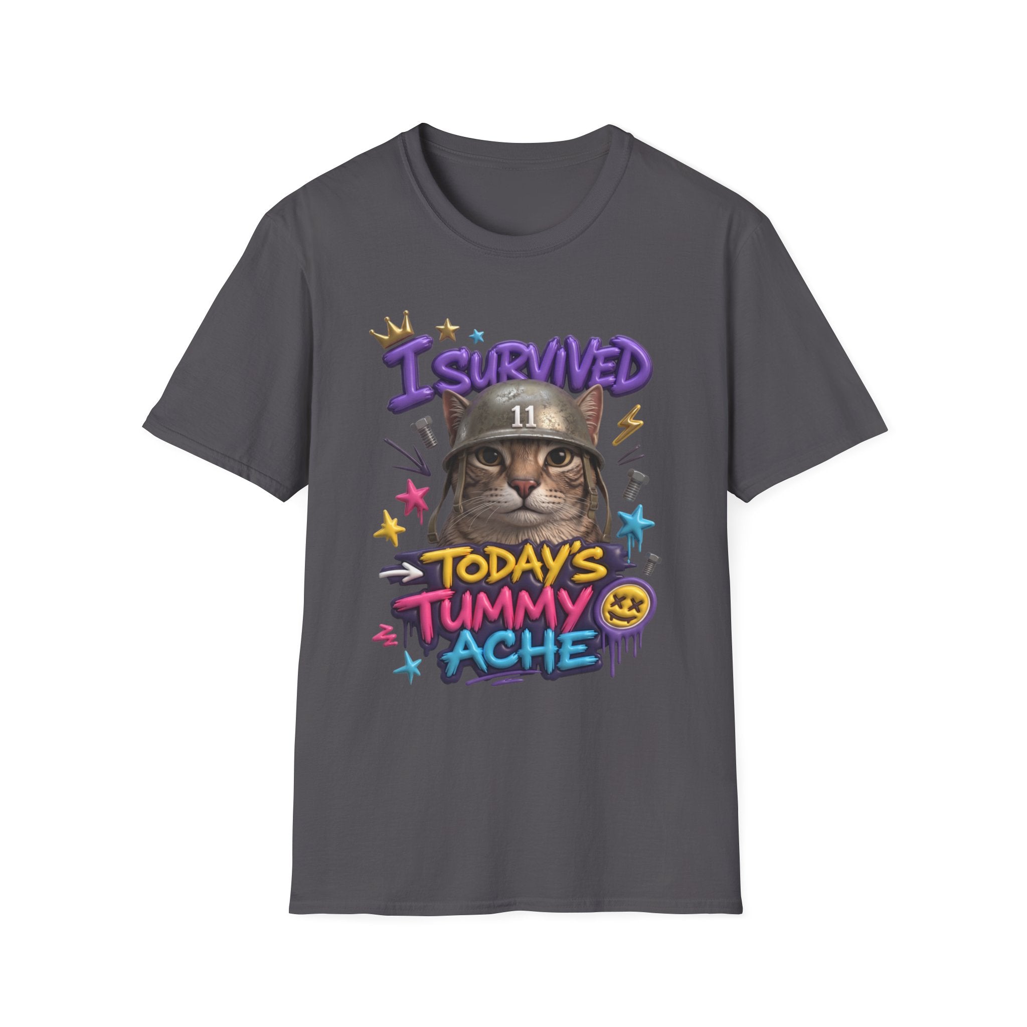 Charcoal t-shirt laid flat, printed with a flat-eyed cat wearing a battered steel helmet