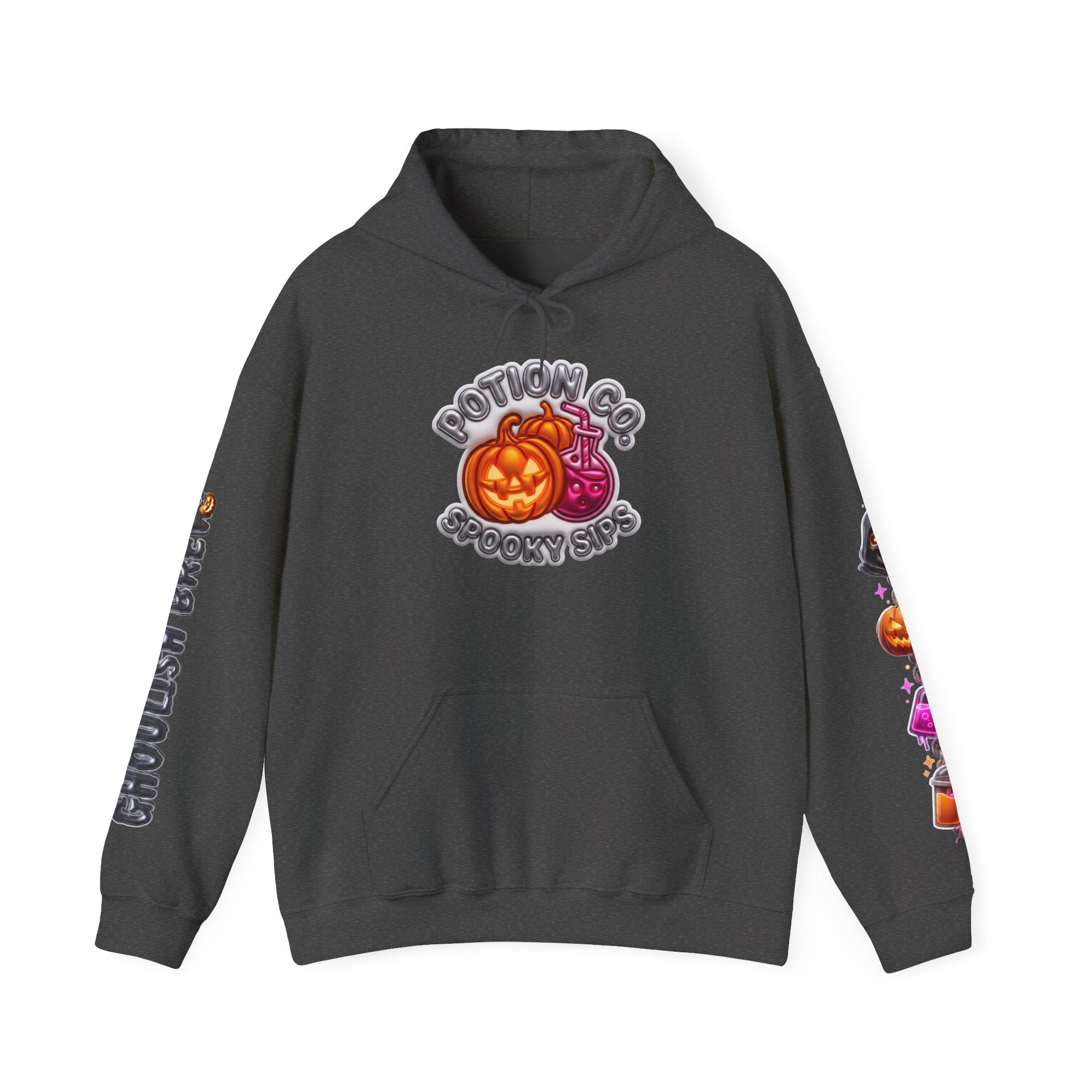 Dark Heather hoodie laid flat, printed with a potion co. halloween graphic of jack-o-lanterns and potion bottles