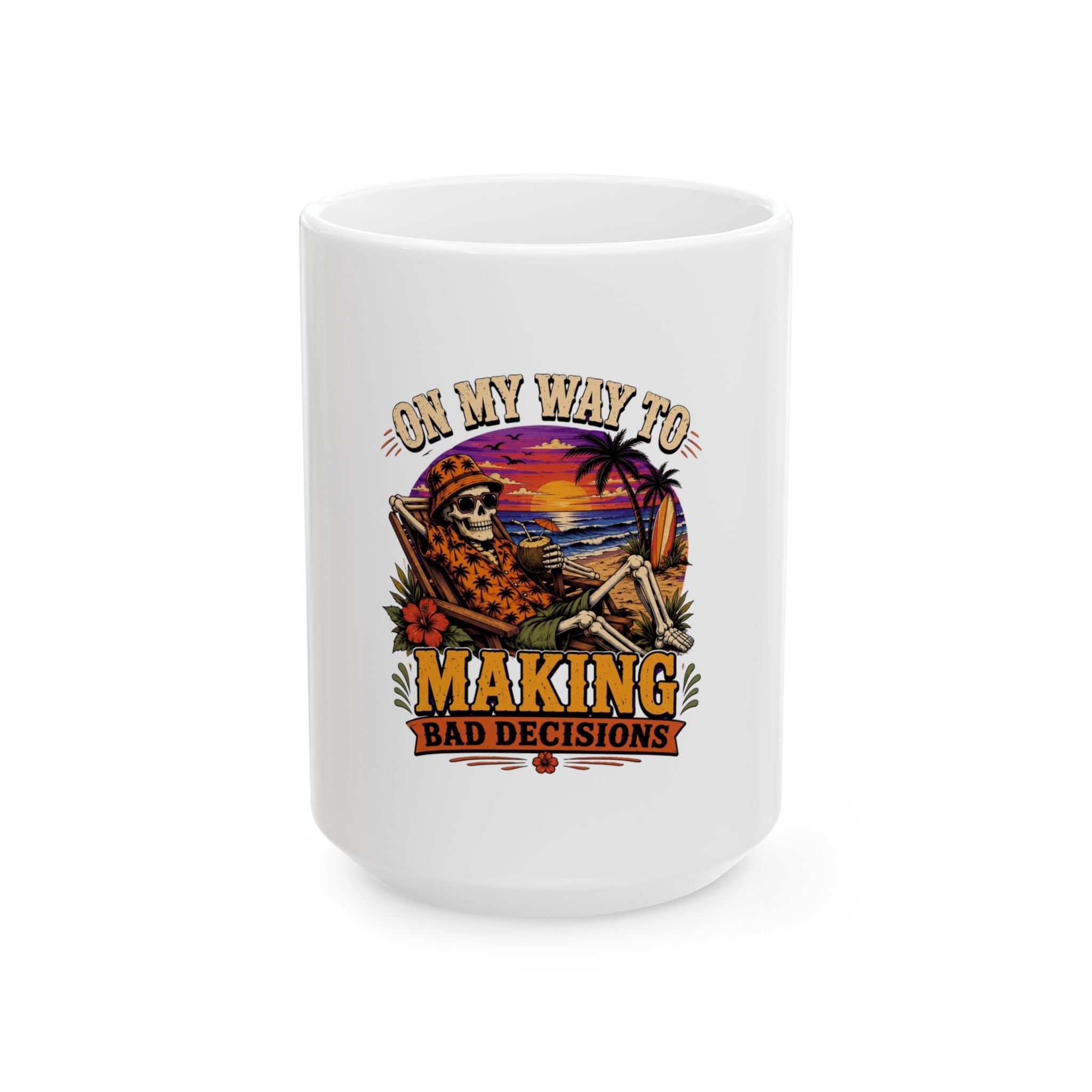Ceramic mug showing a wraparound tropical sunset scene of a skeleton, view 5