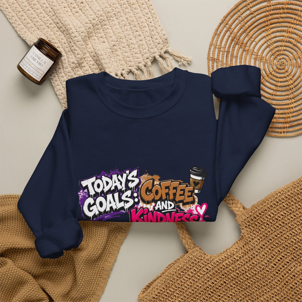 Navy crewneck sweatshirt styled flat with a candle — graffiti lettering in electric pinks