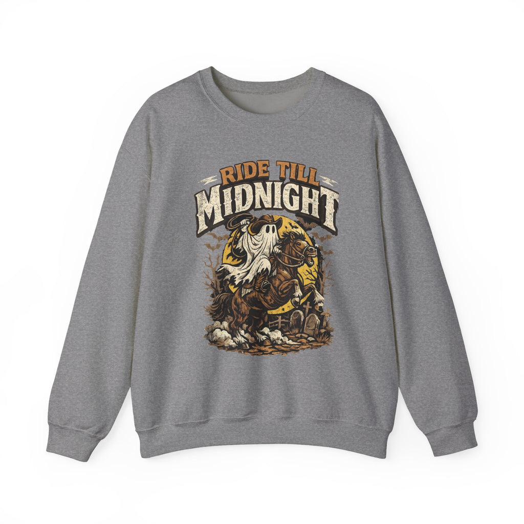 Graphite Heather crewneck sweatshirt laid flat, printed with a vintage style skeleton on a motorcycle under a banner