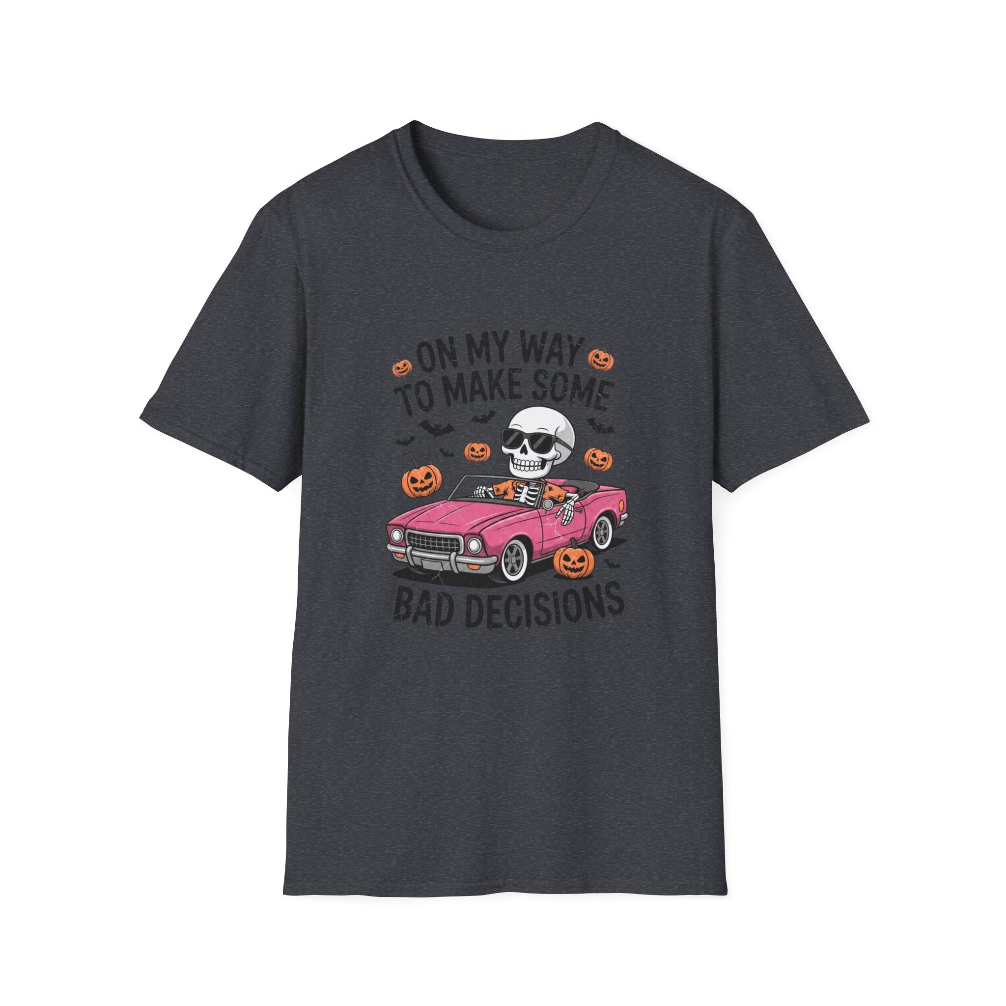 Dark Heather Grey t-shirt, plain back — pink convertible car and a skull on the front