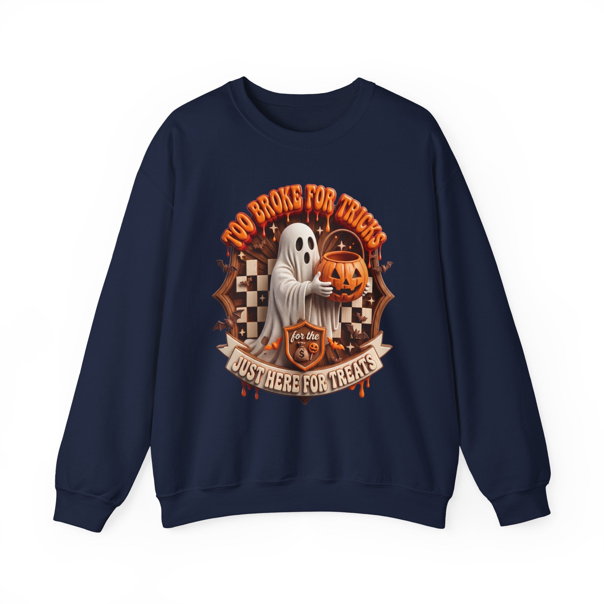 Navy crewneck sweatshirt laid flat, printed with a sheet ghost hugs a jack-o-lantern candy pail