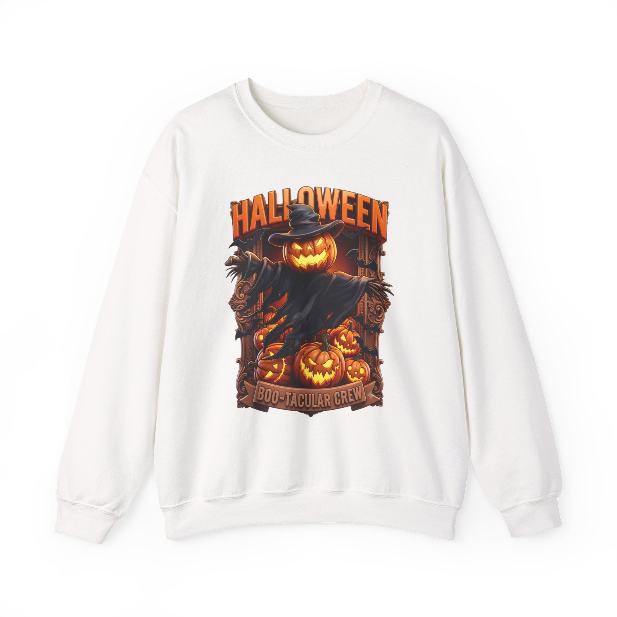 White crewneck sweatshirt laid flat, printed with a scarecrow with a glowing jack-o-lantern head stands