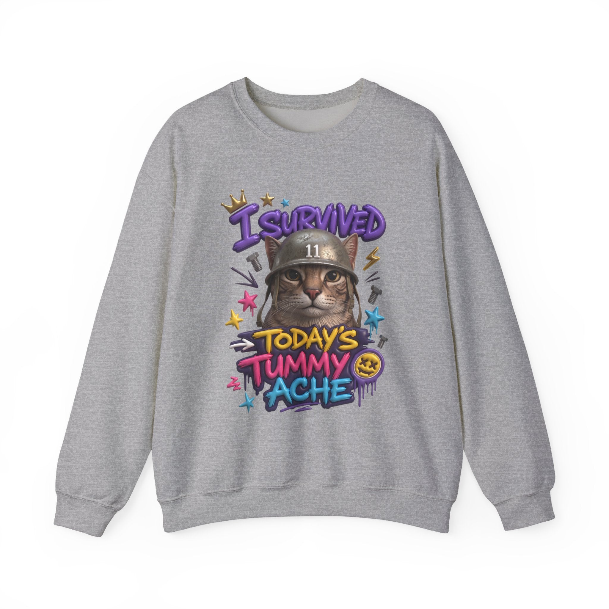 Sport Grey crewneck sweatshirt laid flat, printed with a flat-eyed cat wearing a battered steel helmet