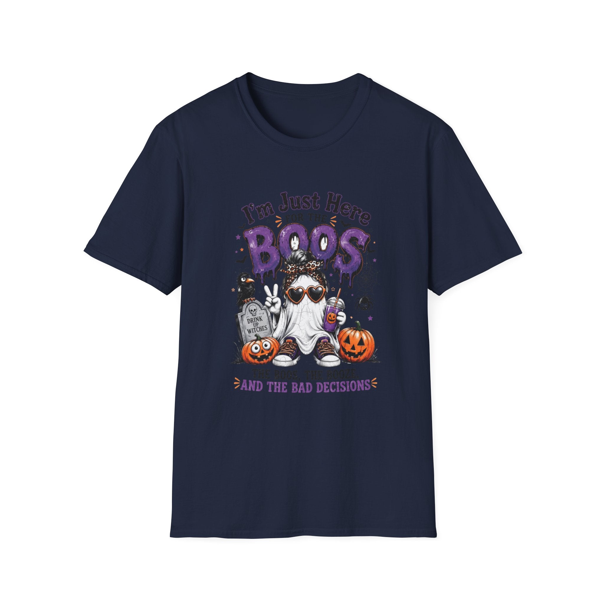 Navy t-shirt laid flat, printed with a cartoon ghosts in sunglasses stacked over pumpkins