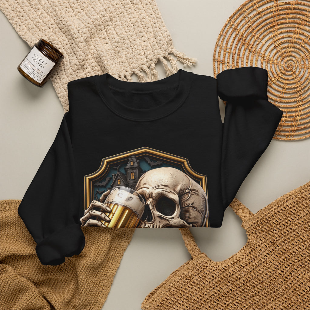 Black crewneck sweatshirt styled flat with a candle — cracked skull with a beer mug