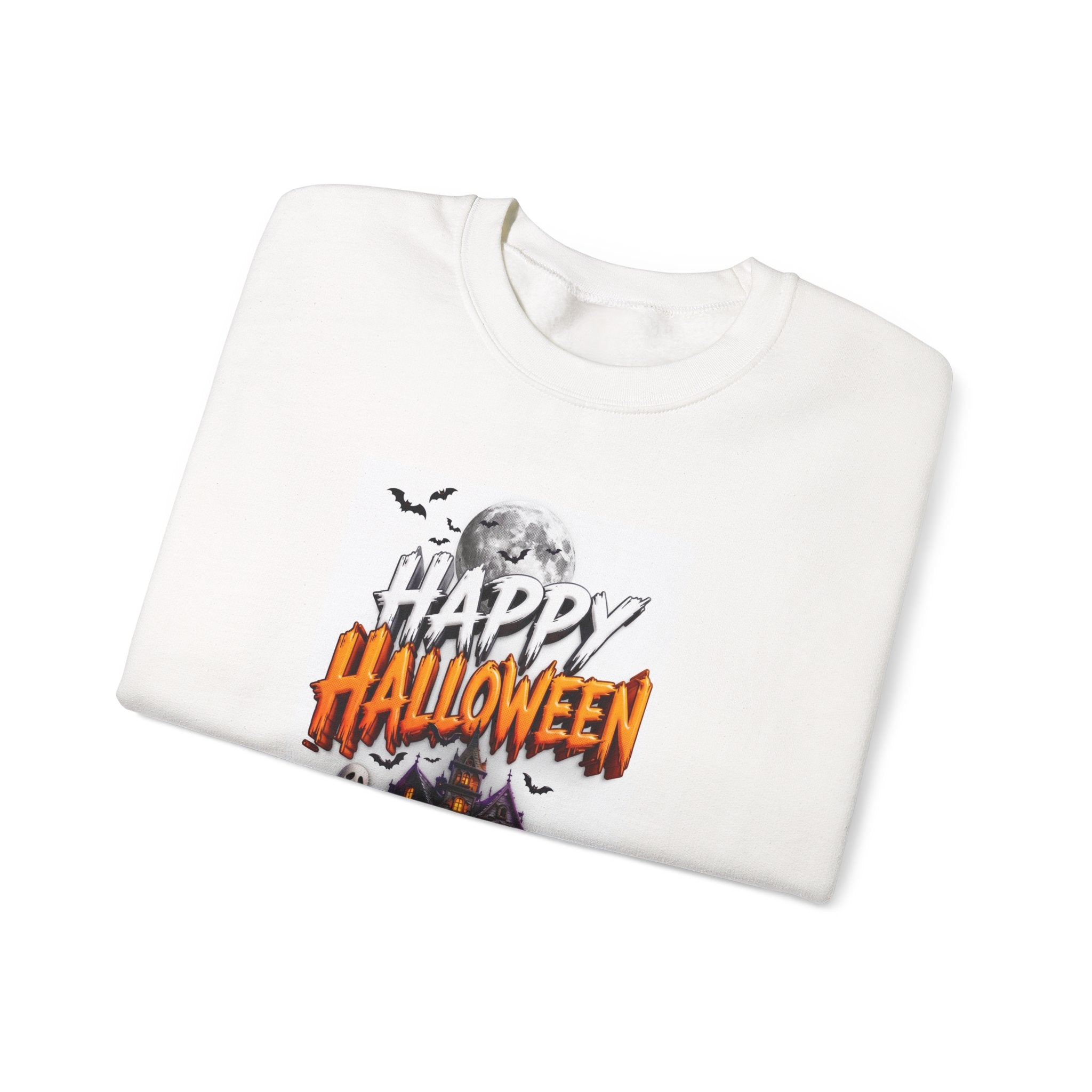 White crewneck sweatshirt folded to show the haunted house print