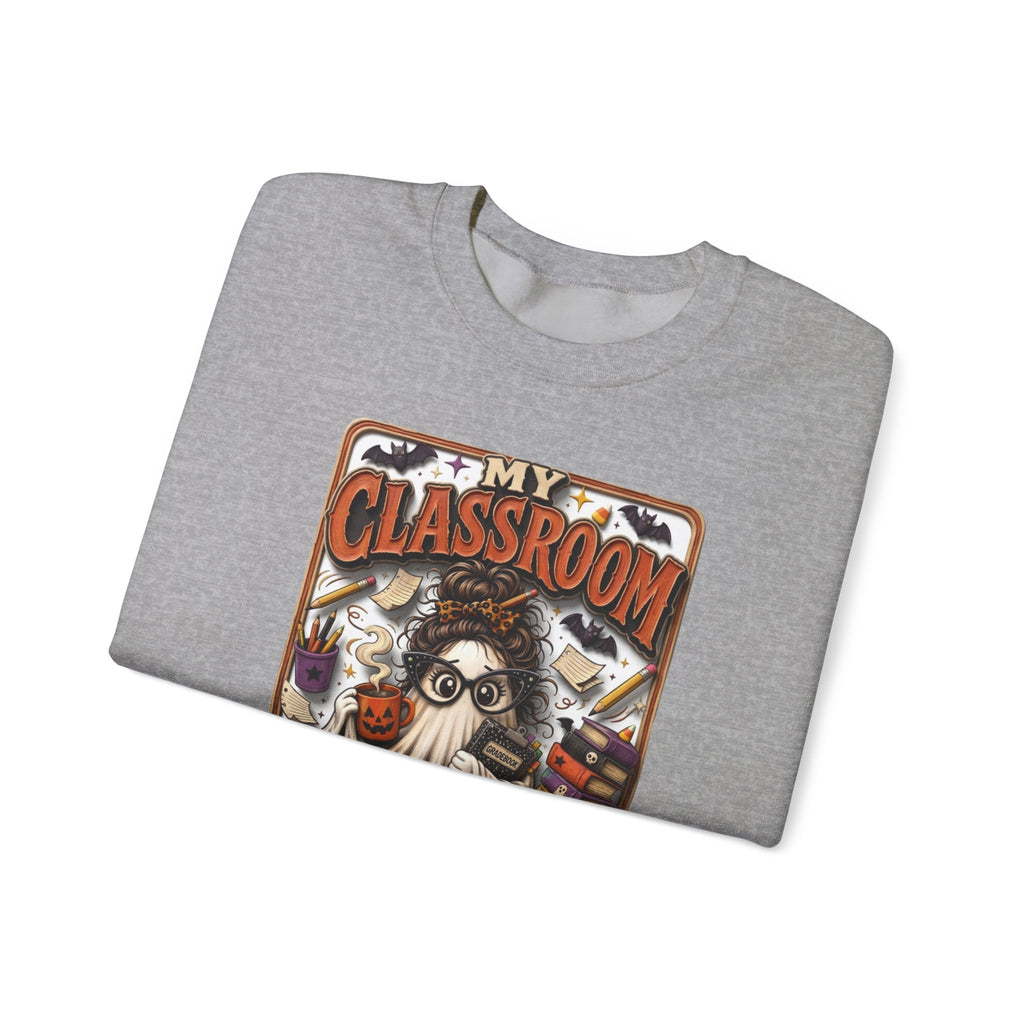 Sport Grey crewneck sweatshirt folded to show the bespectacled ghost with a messy bun grades away among print