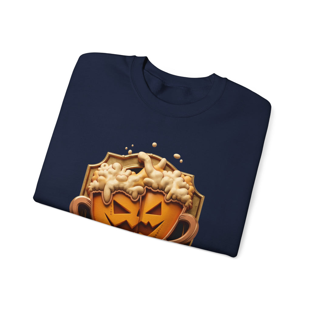 Navy crewneck sweatshirt folded to show the two frothy beer mugs carved with jack-o-lantern faces clink print