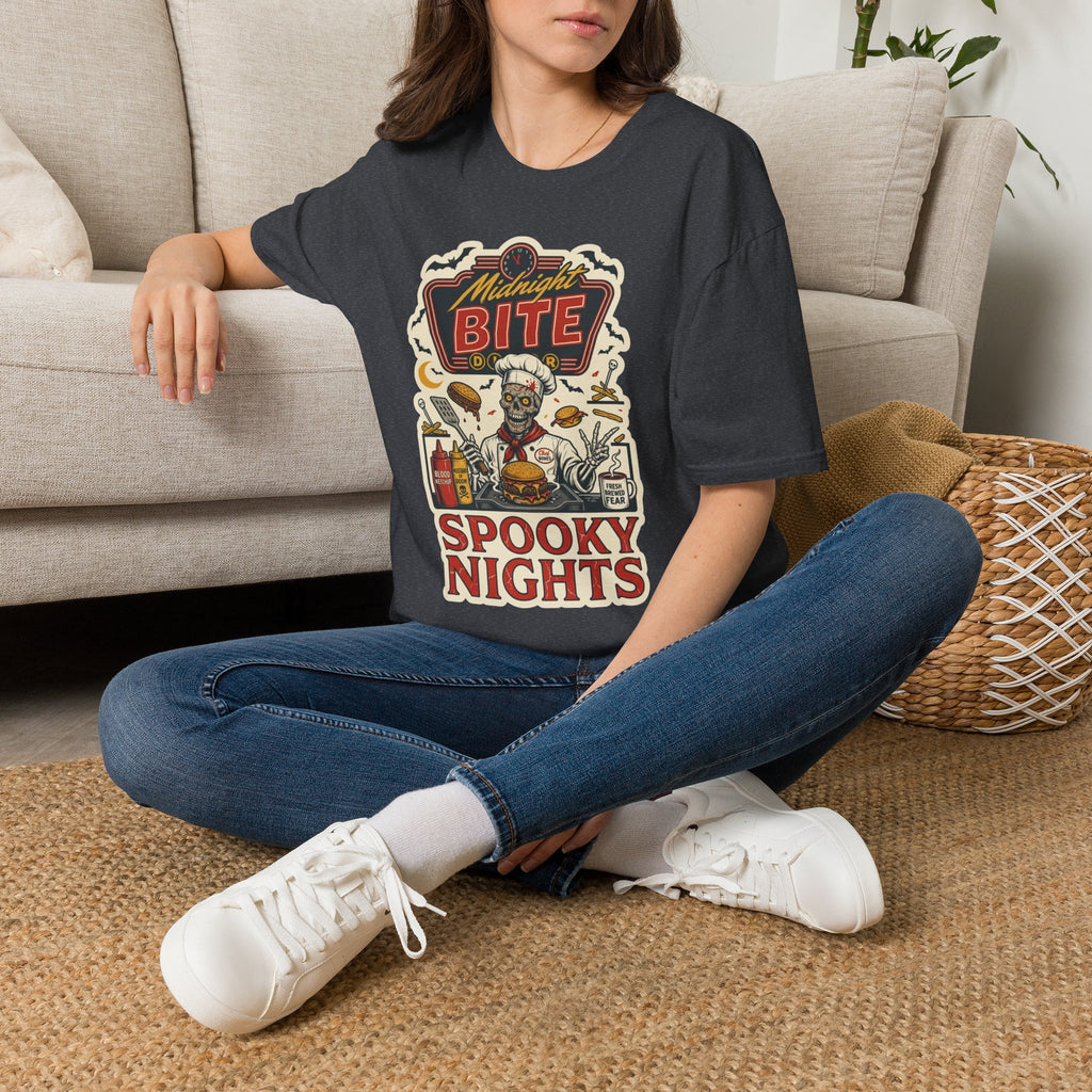 Dark Heather Grey t-shirt laid flat, printed with a late-night diner sign stacked