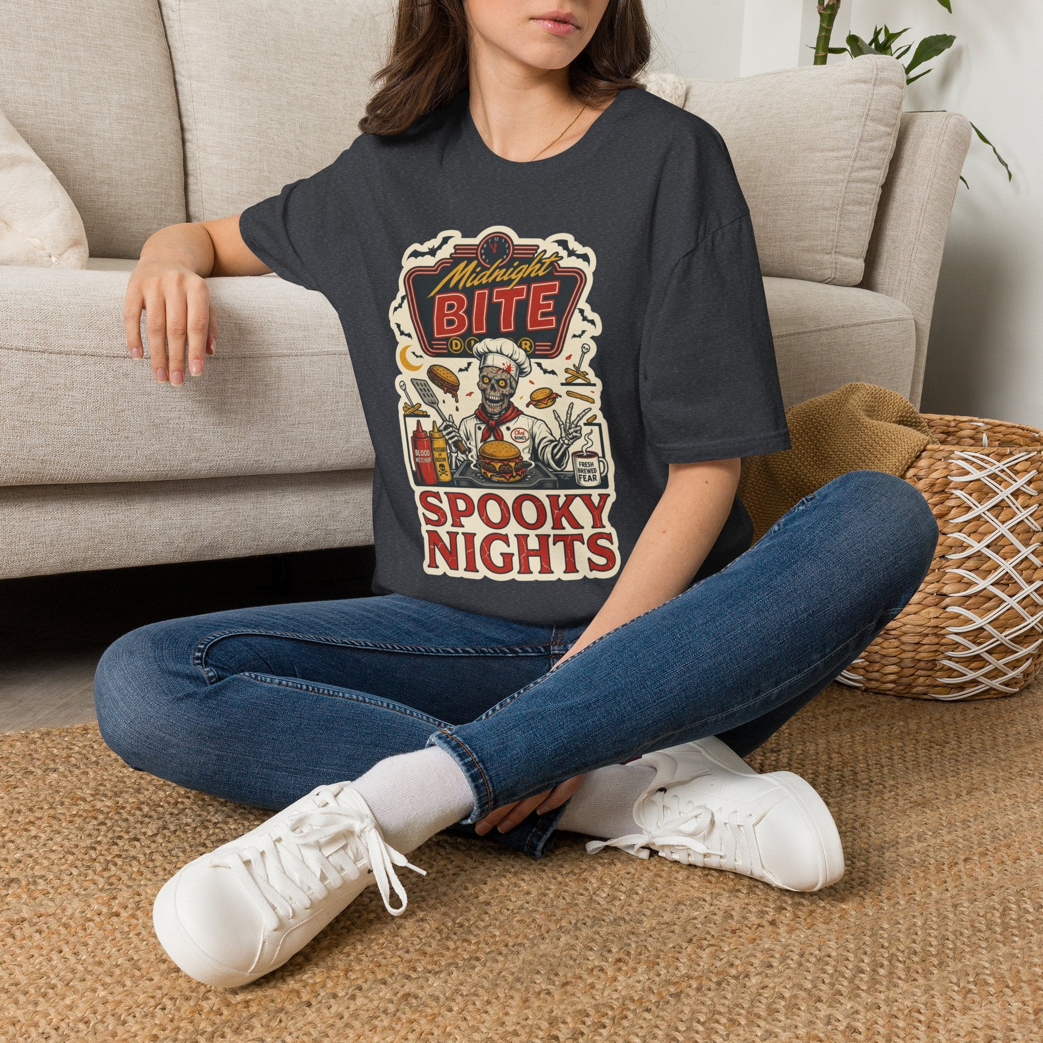 Dark Heather Grey t-shirt laid flat, printed with a late-night diner sign stacked