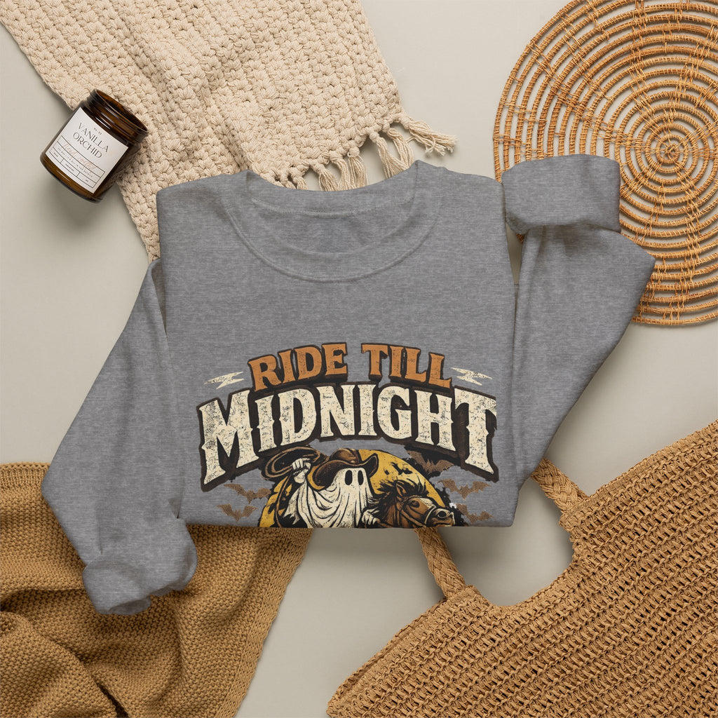 Graphite Heather crewneck sweatshirt styled flat with a candle — skeleton riding a motorcycle