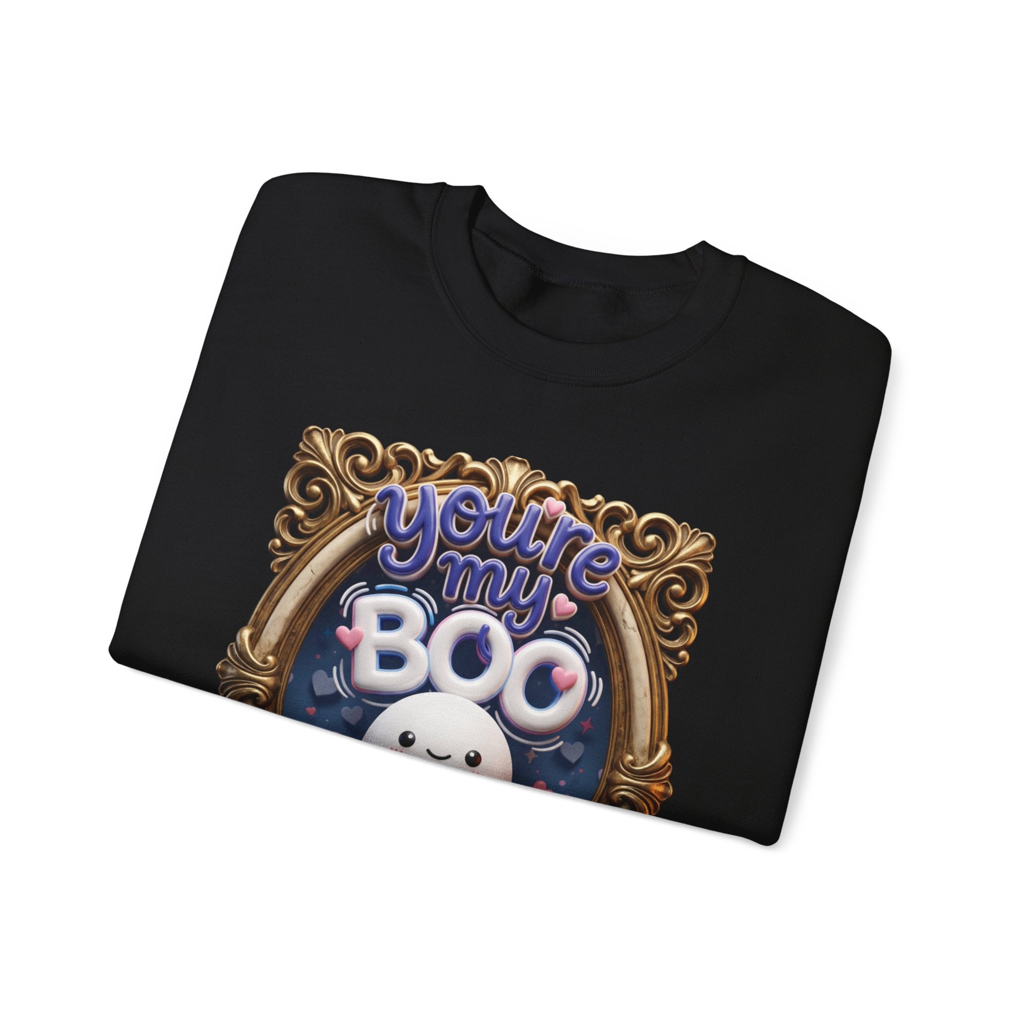 Black crewneck sweatshirt folded to show the round smiling ghost floats inside a gilded vintage frame print