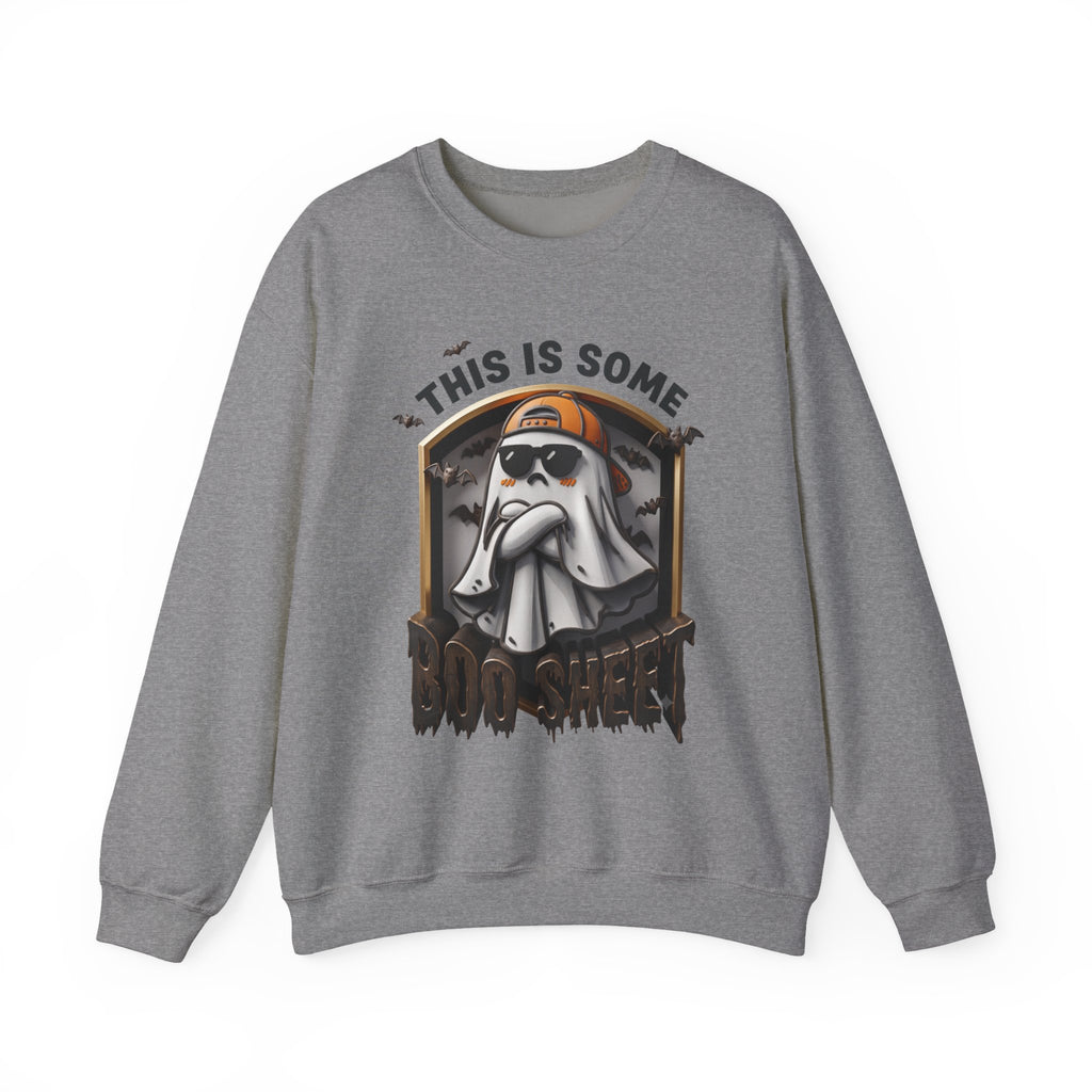 Graphite Heather crewneck sweatshirt laid flat, printed with a sheet ghost in black sunglasses and a backward orange