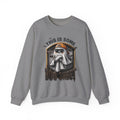 Graphite Heather crewneck sweatshirt laid flat, printed with a sheet ghost in black sunglasses and a backward orange