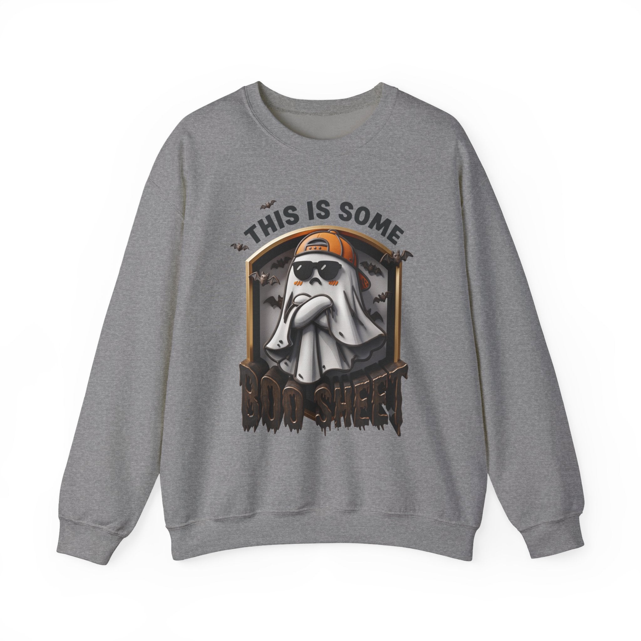 Graphite Heather crewneck sweatshirt laid flat, printed with a sheet ghost in black sunglasses and a backward orange