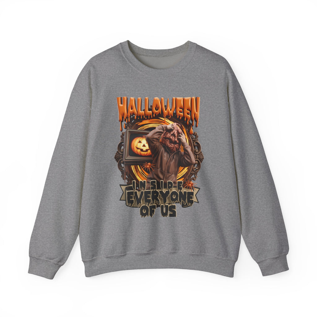 Graphite Heather crewneck sweatshirt laid flat, printed with a hunched monster claws at its own head
