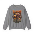 Graphite Heather crewneck sweatshirt laid flat, printed with a hunched monster claws at its own head