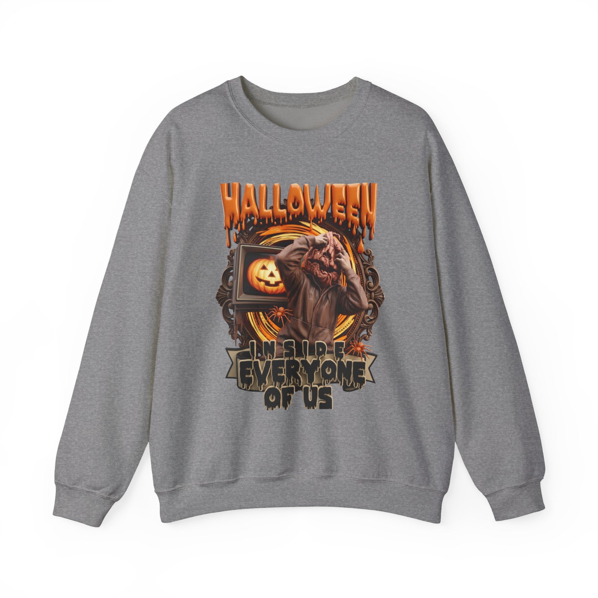 Graphite Heather crewneck sweatshirt laid flat, printed with a hunched monster claws at its own head