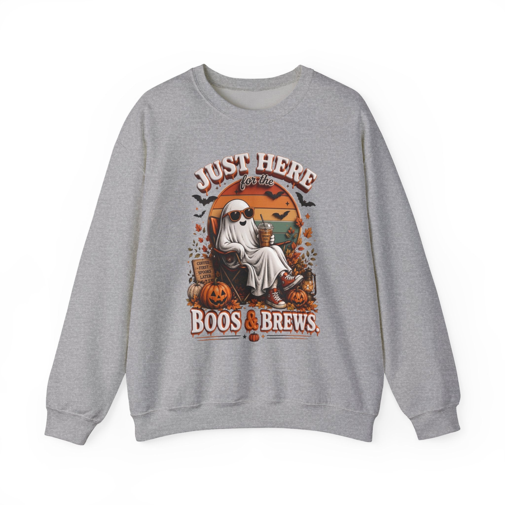 Sport Grey crewneck sweatshirt laid flat, printed with a ghost in sunglasses kicks back with an iced coffee