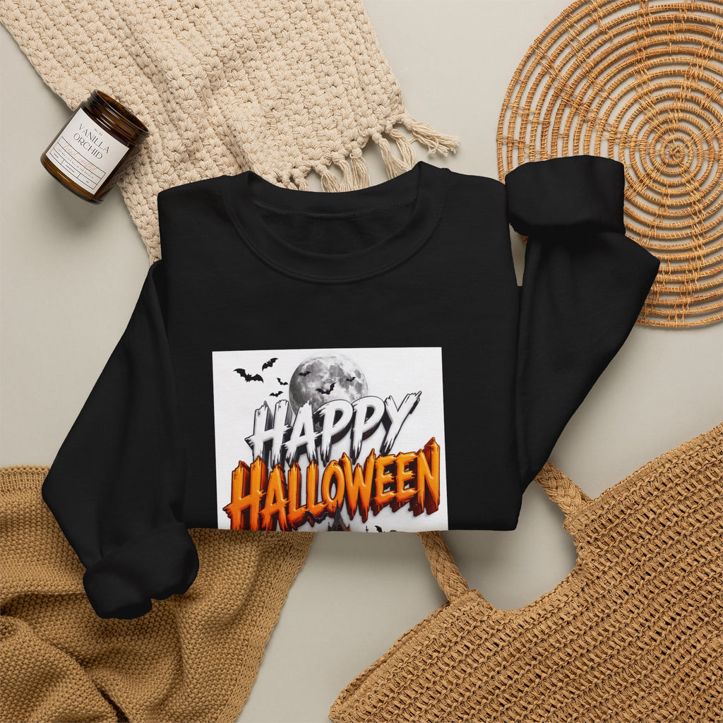 Black crewneck sweatshirt styled flat with a candle — haunted house with pumpkins and ghosts
