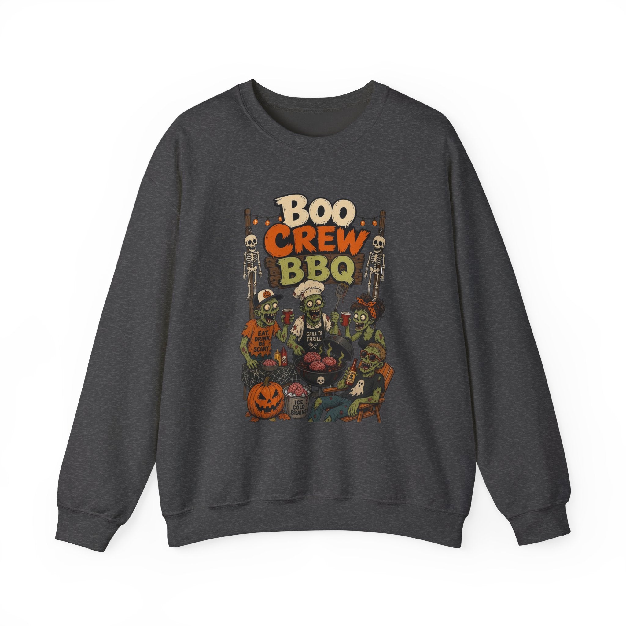 Dark Heather crewneck sweatshirt laid flat, printed with a skeletons and zombies working the grill under a hand-painted