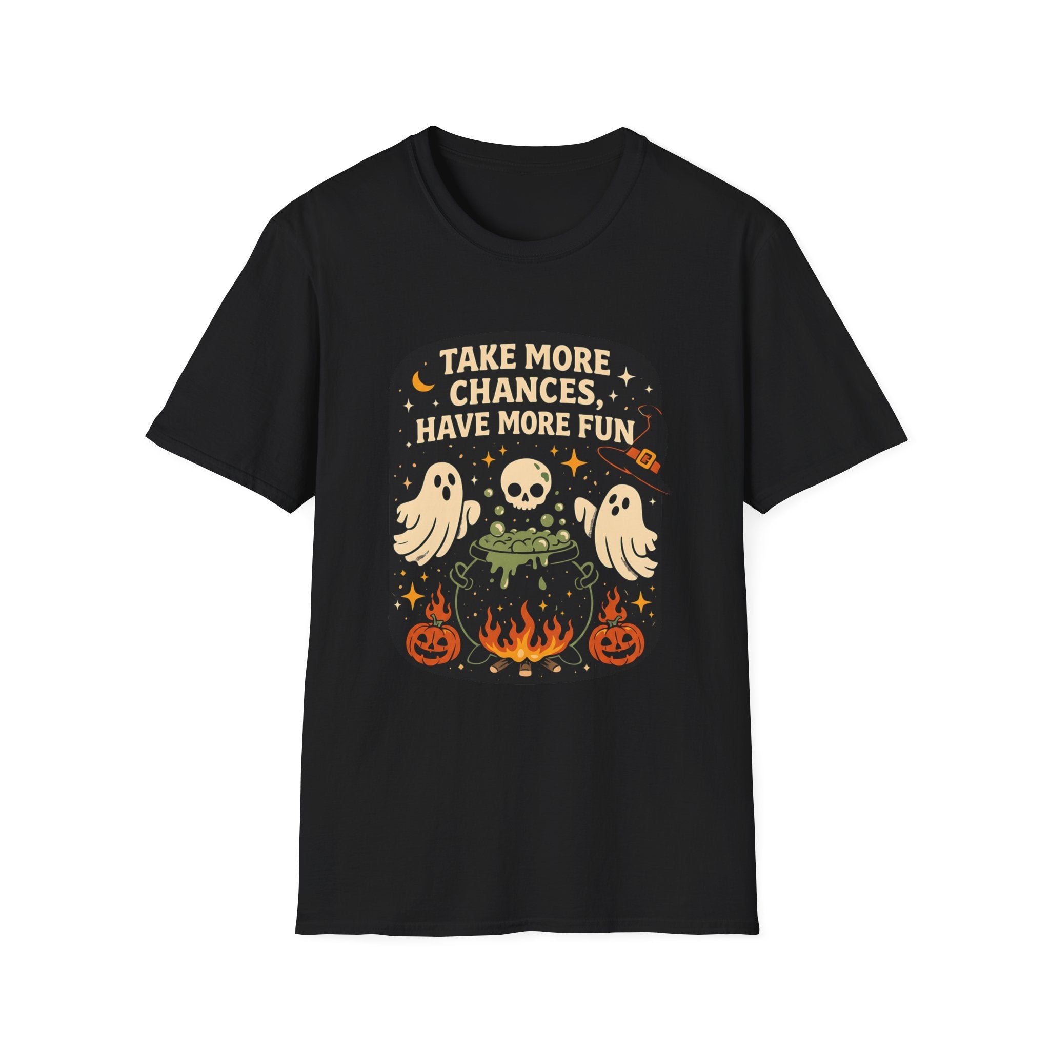 Black t-shirt laid flat, printed with a two ghosts around a campfire inside a rounded vintage