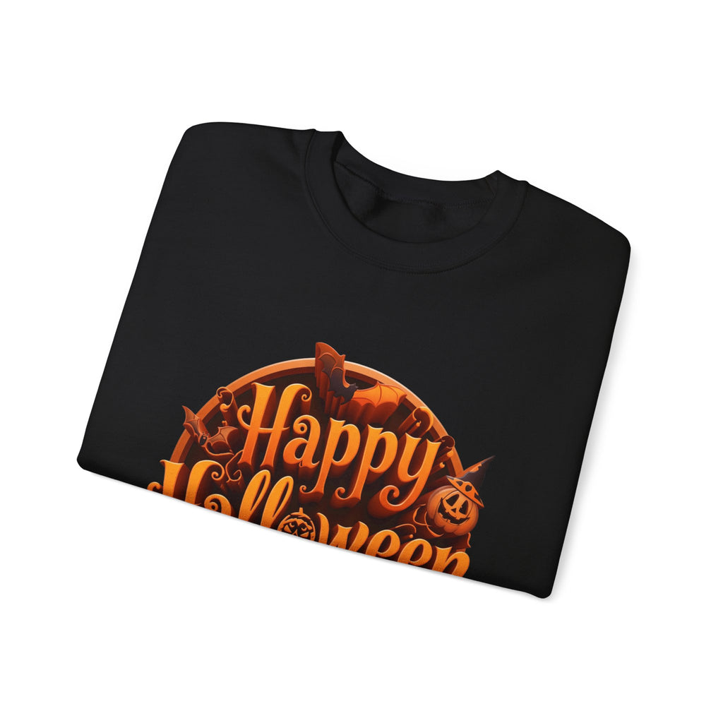 Black crewneck sweatshirt folded to show the glowing orange happy halloween script fills a round badge print
