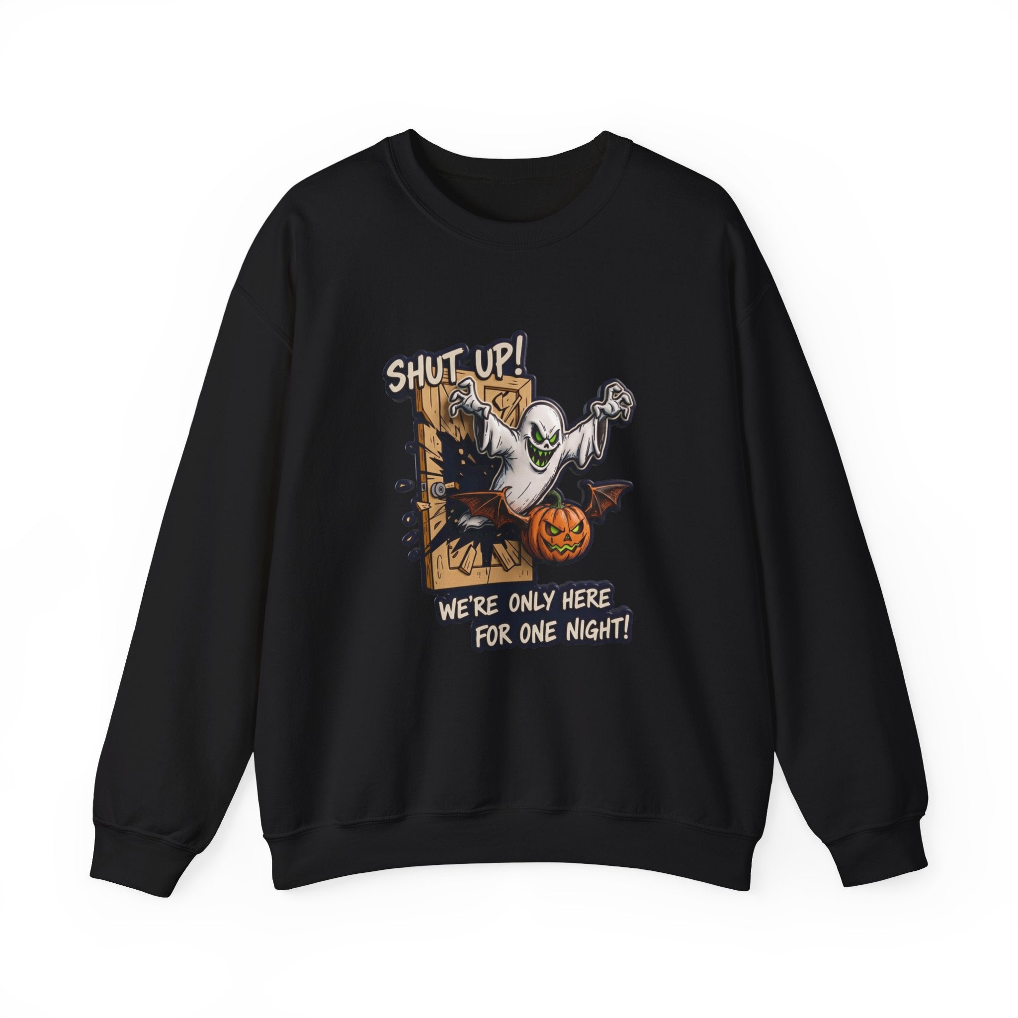 Black crewneck sweatshirt laid flat, printed with a green-eyed ghost with bat wings bursts through a wooden