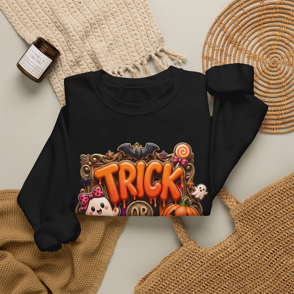 Black crewneck sweatshirt styled flat with a candle — puffy orange trick or treat lettering
