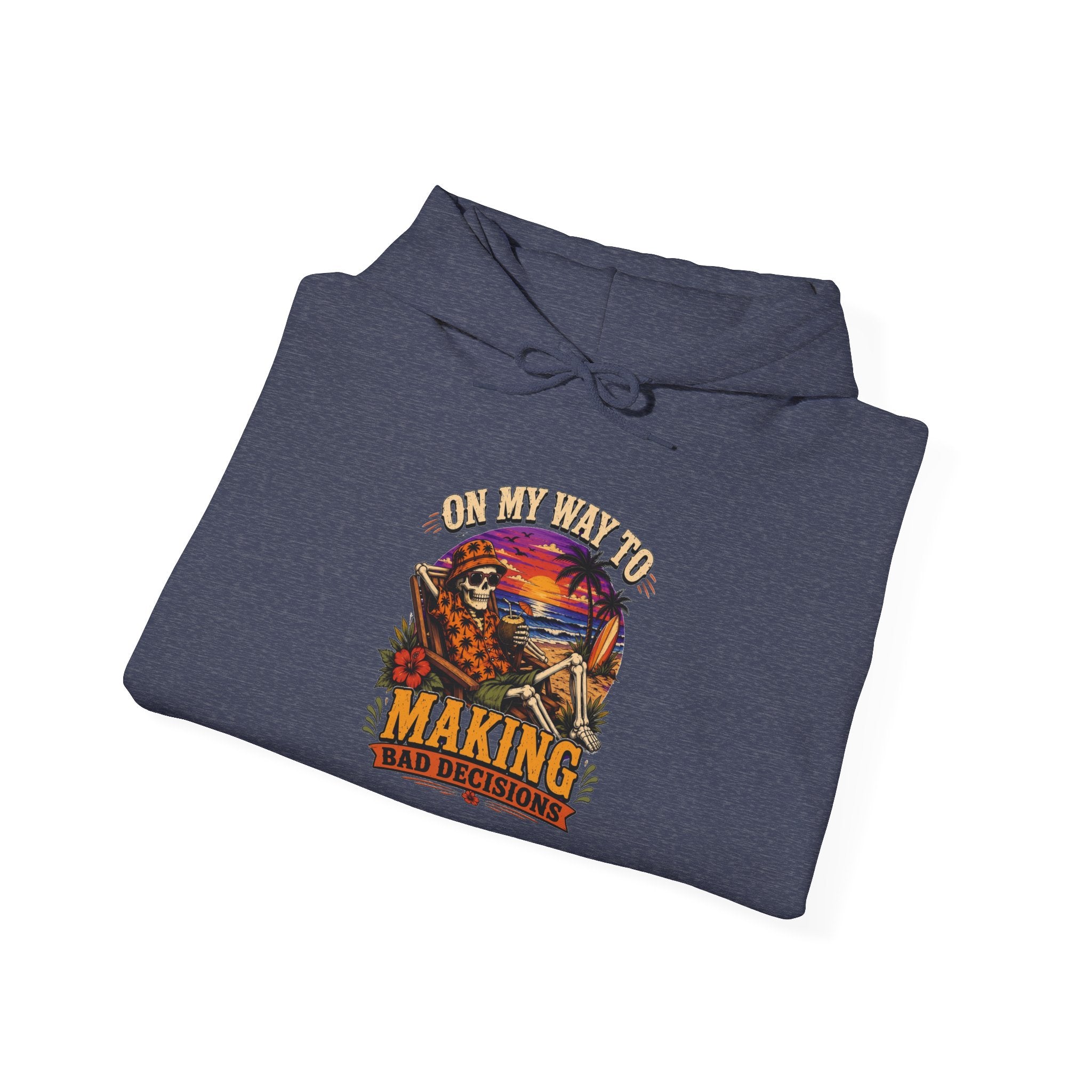 Heather Sport Dark Navy hoodie styled flat with a candle — sunset skeleton print