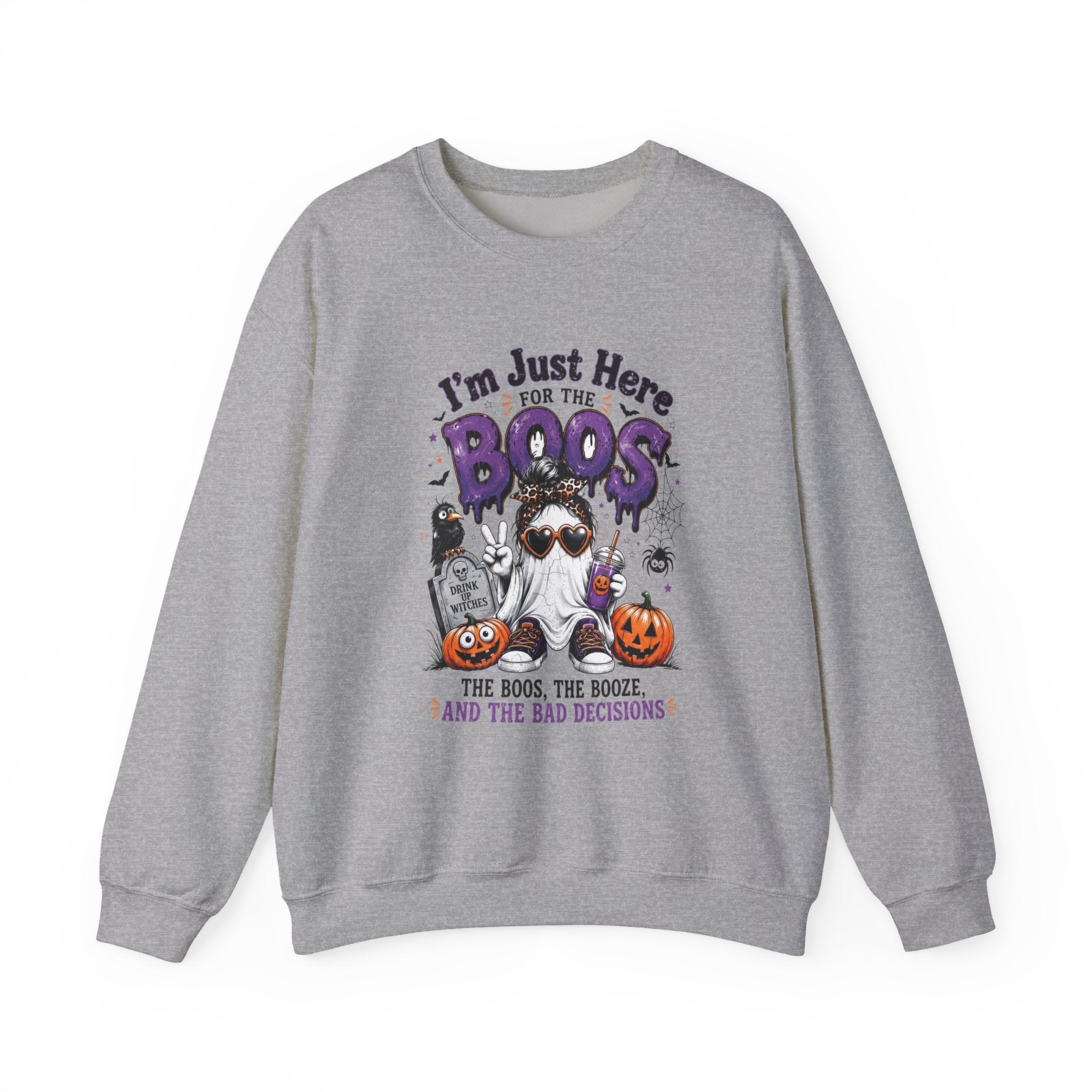 Sport Grey crewneck sweatshirt laid flat, printed with a three cartoon ghosts in sunglasses