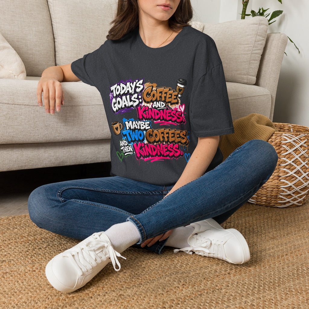 Dark Heather Grey t-shirt laid flat, printed with a stacked graffiti lettering in electric pinks