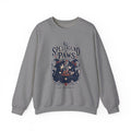 Graphite Heather crewneck sweatshirt laid flat, printed with a two black cats in witch hats
