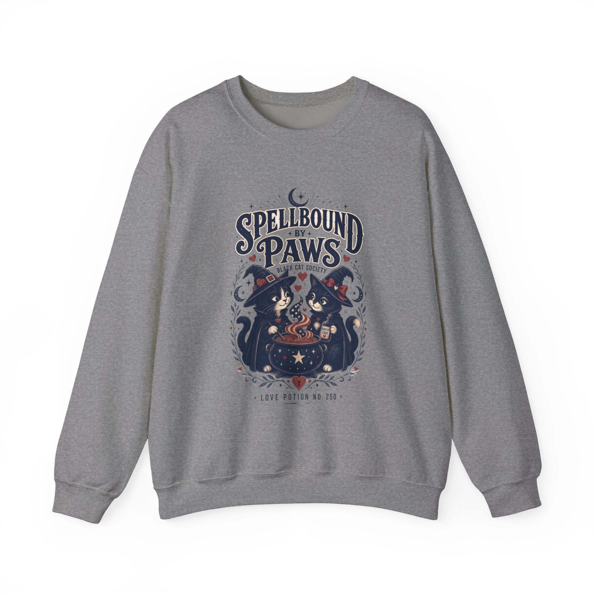 Graphite Heather crewneck sweatshirt laid flat, printed with a two black cats in witch hats