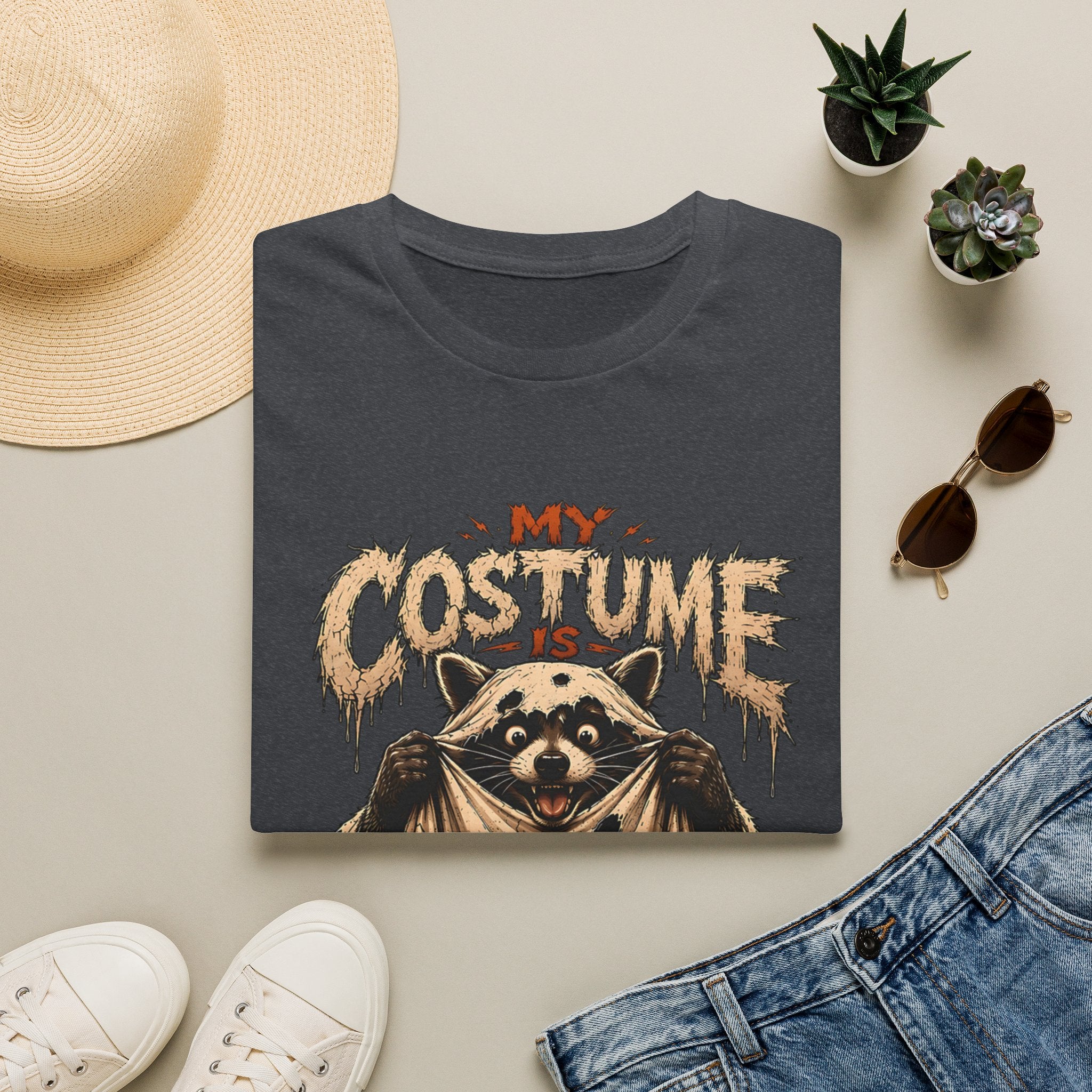 Dark Heather Grey t-shirt printed with a wide-eyed raccoon holding open a shabby fur cape as, view 17