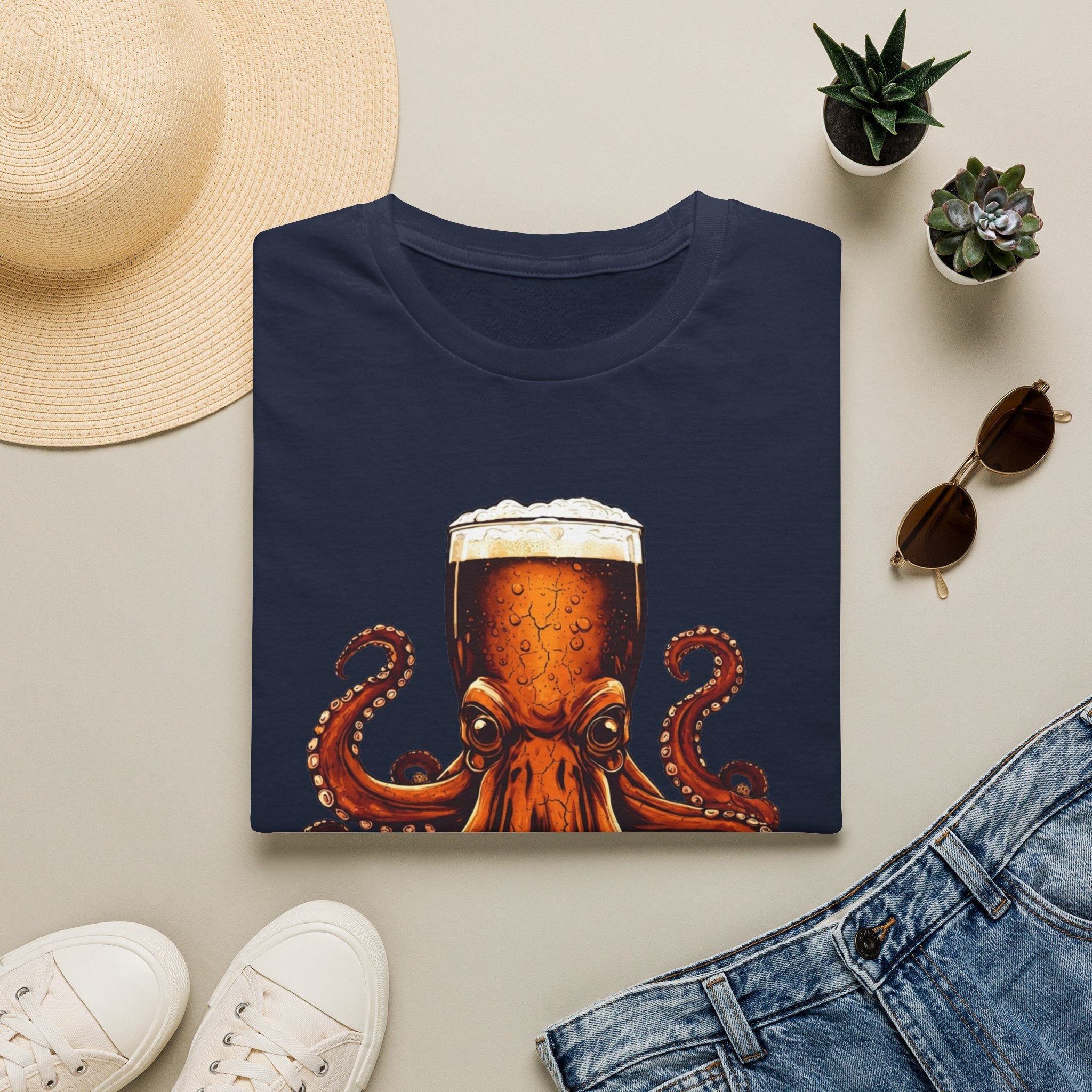 Navy t-shirt styled flat with a candle — octopus wrapped around a beer glass