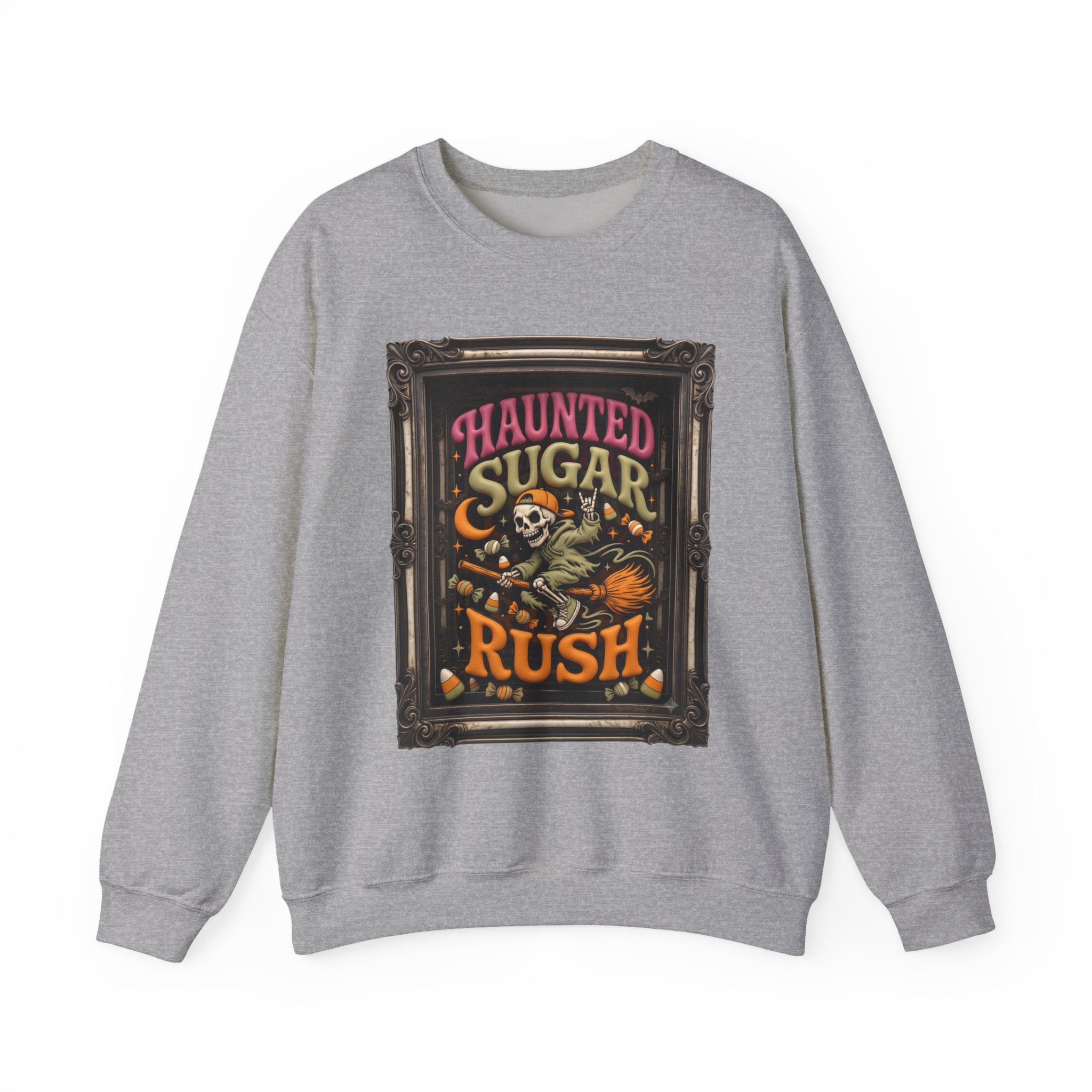 Sport Grey crewneck sweatshirt laid flat, printed with a hooded skeleton rides a broom past a crescent moon