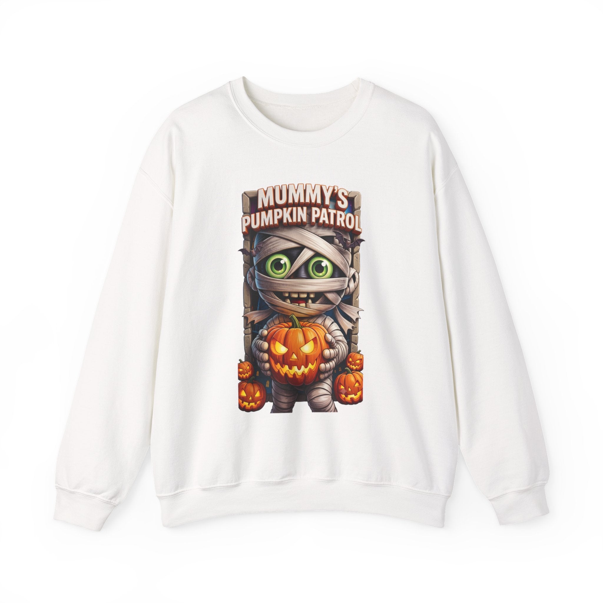 White crewneck sweatshirt laid flat, printed with a wide-eyed cartoon mummy wrapped in bandages hugs a carved