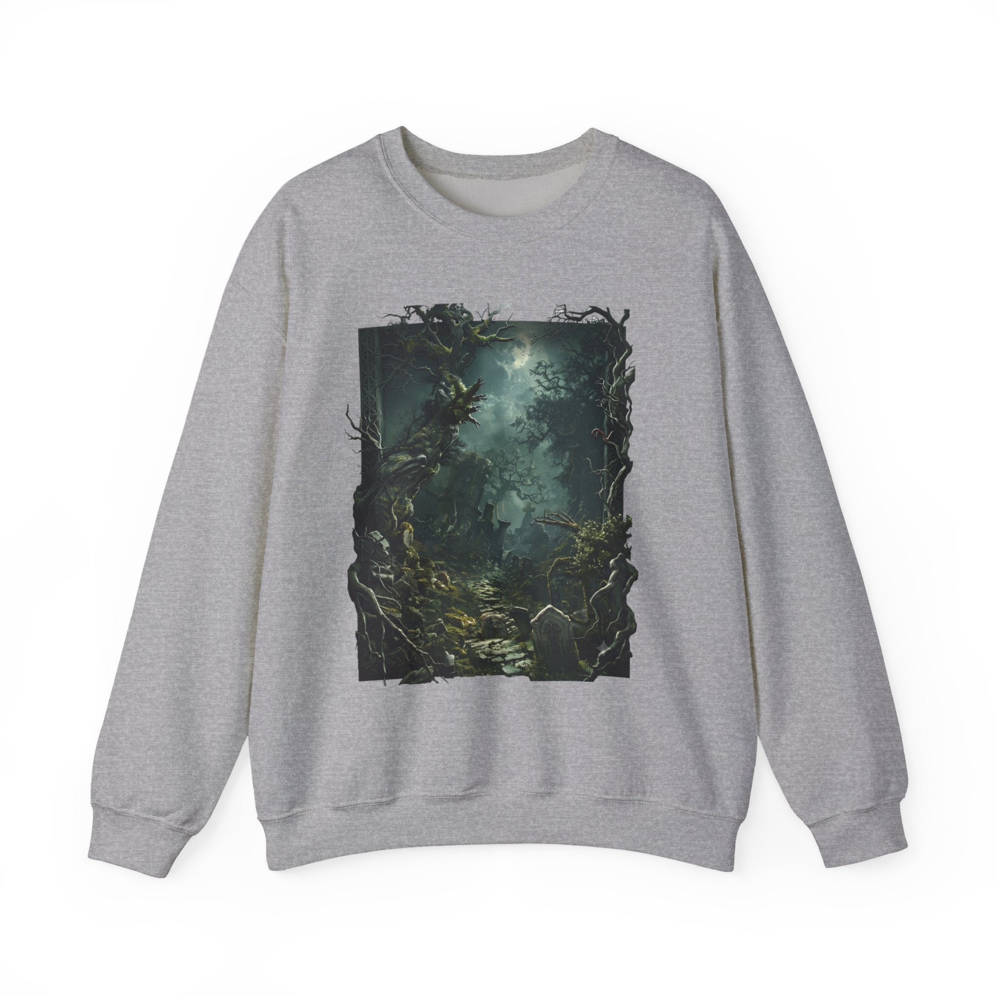 Sport Grey crewneck sweatshirt laid flat, printed with a moonlit forest of gnarled mossy trees drifts into pale