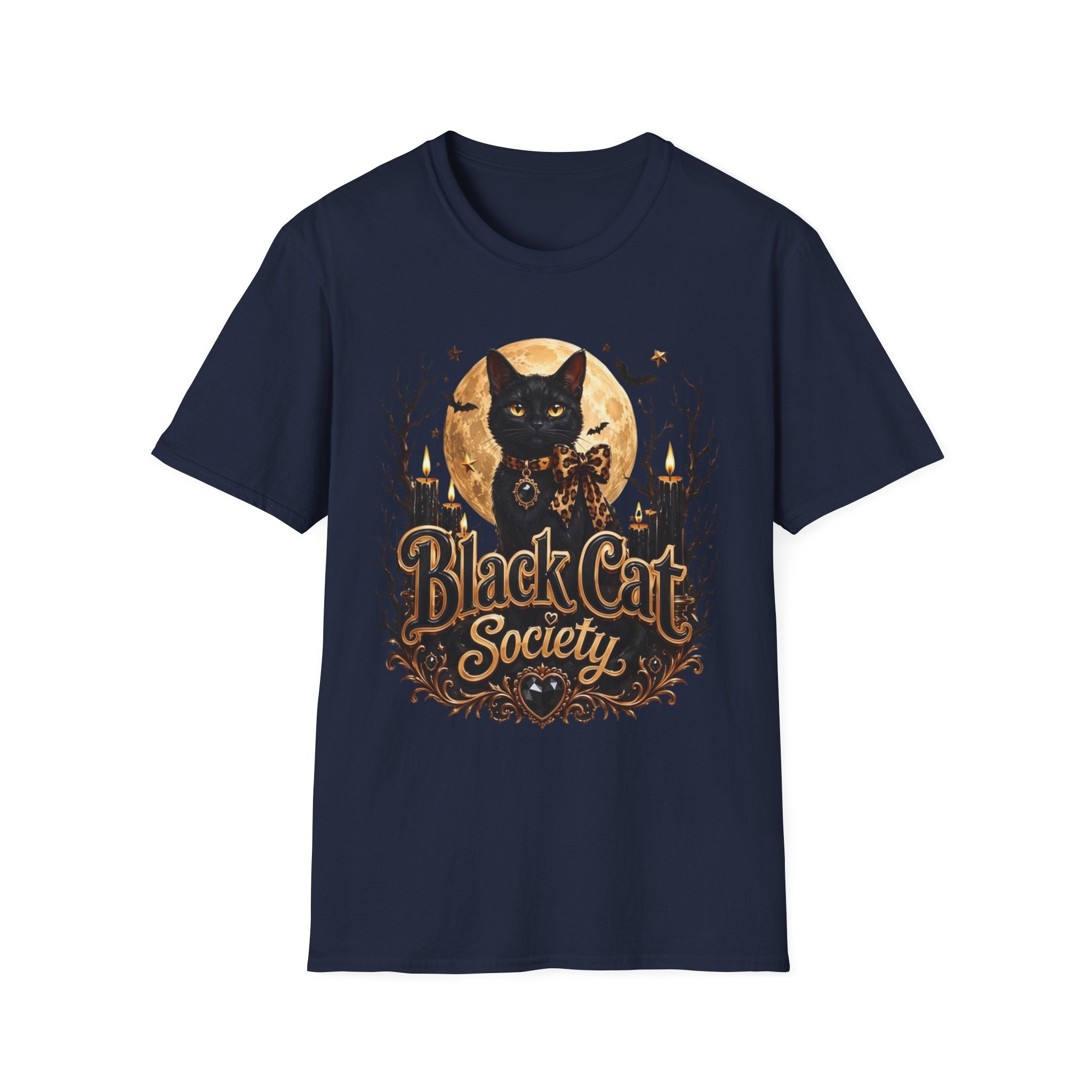 Navy t-shirt laid flat, printed with a black cat before a glowing full moon