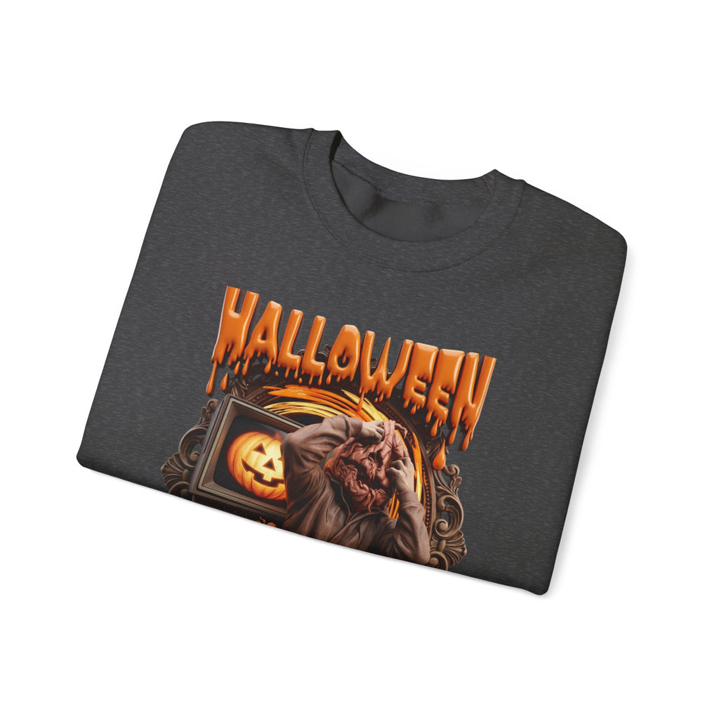 Dark Heather crewneck sweatshirt folded to show the hunched monster claws at its own head print