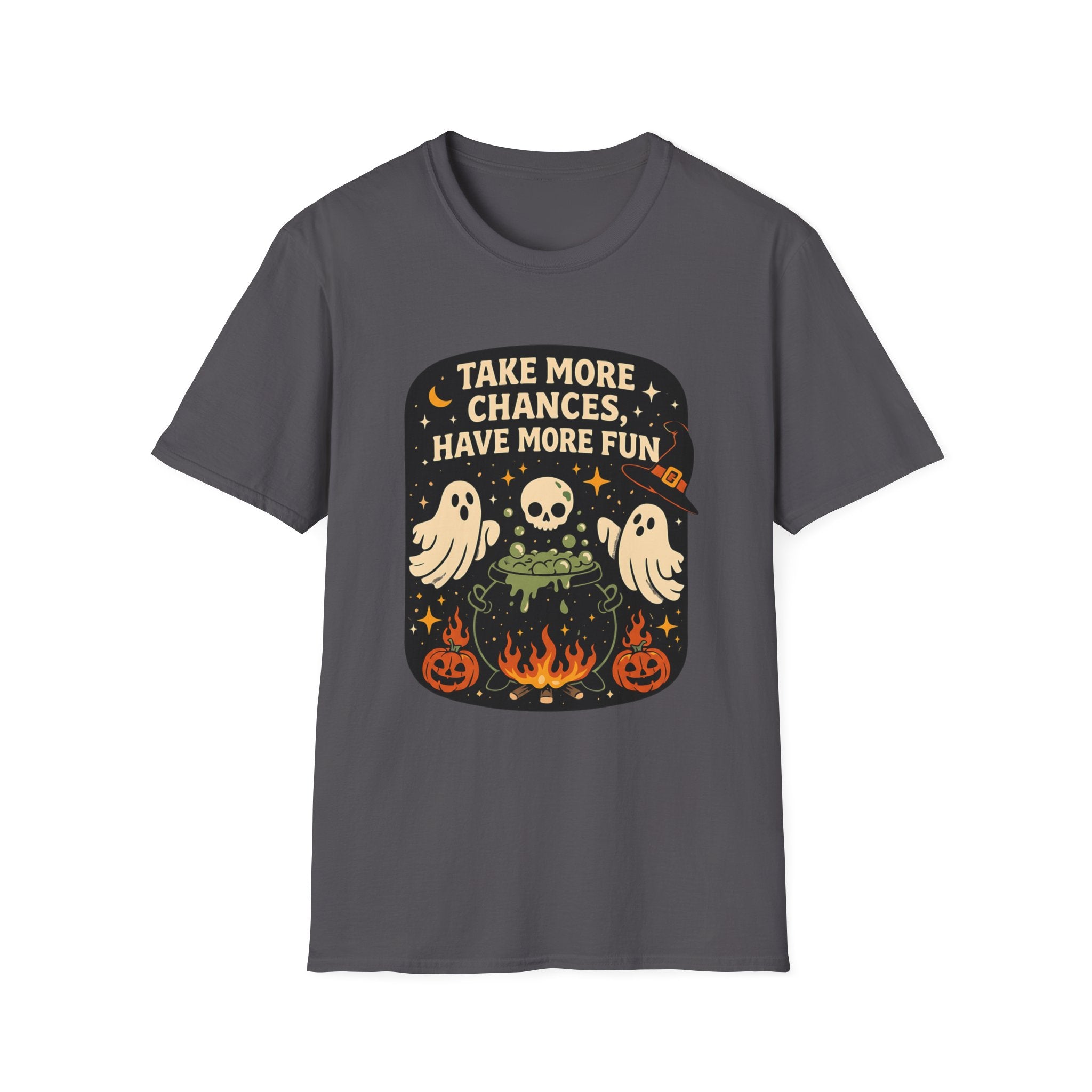 Charcoal t-shirt laid flat, printed with a two ghosts around a campfire inside a rounded vintage